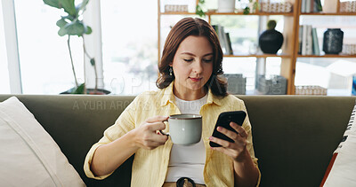 Buy stock photo Woman, relax and coffee with phone at house for social media, browsing website and chatting. Female person, beverage or reading with mobile app for text message, communication and online notification