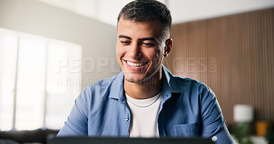 Buy stock photo Remote work, happiness or man in home with laptop, source verification or positive feedback on article. WFH, smile or journalist in house with tech, blog approval or good news in director email.