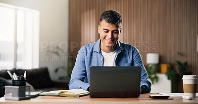 Buy stock photo Remote work, happiness or man in home office with laptop, source verification or positive feedback on article. WFH, smile or journalist with tech, blog approval or good news in director email.