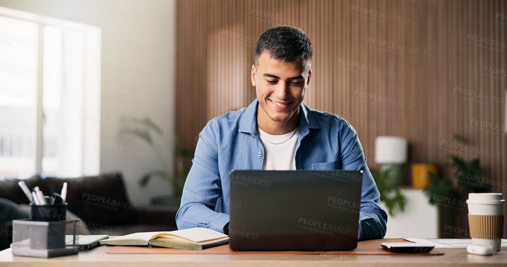 Buy stock photo Remote work, happiness or man in home office with laptop, source verification or positive feedback on article. WFH, smile or journalist with tech, blog approval or good news in director email.