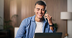 Laptop, learning and phone call with man in home living room for communication or university feedback. Computer, conversation and education with happy college student in apartment for scholarship