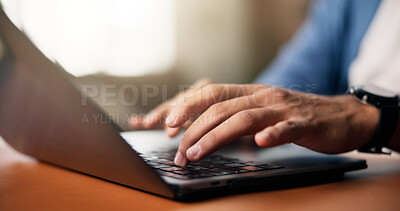 Buy stock photo Laptop, hands and man typing in office for research on creative project with email for feedback. Technology, contact and male magazine editor with computer for online article with publishing.