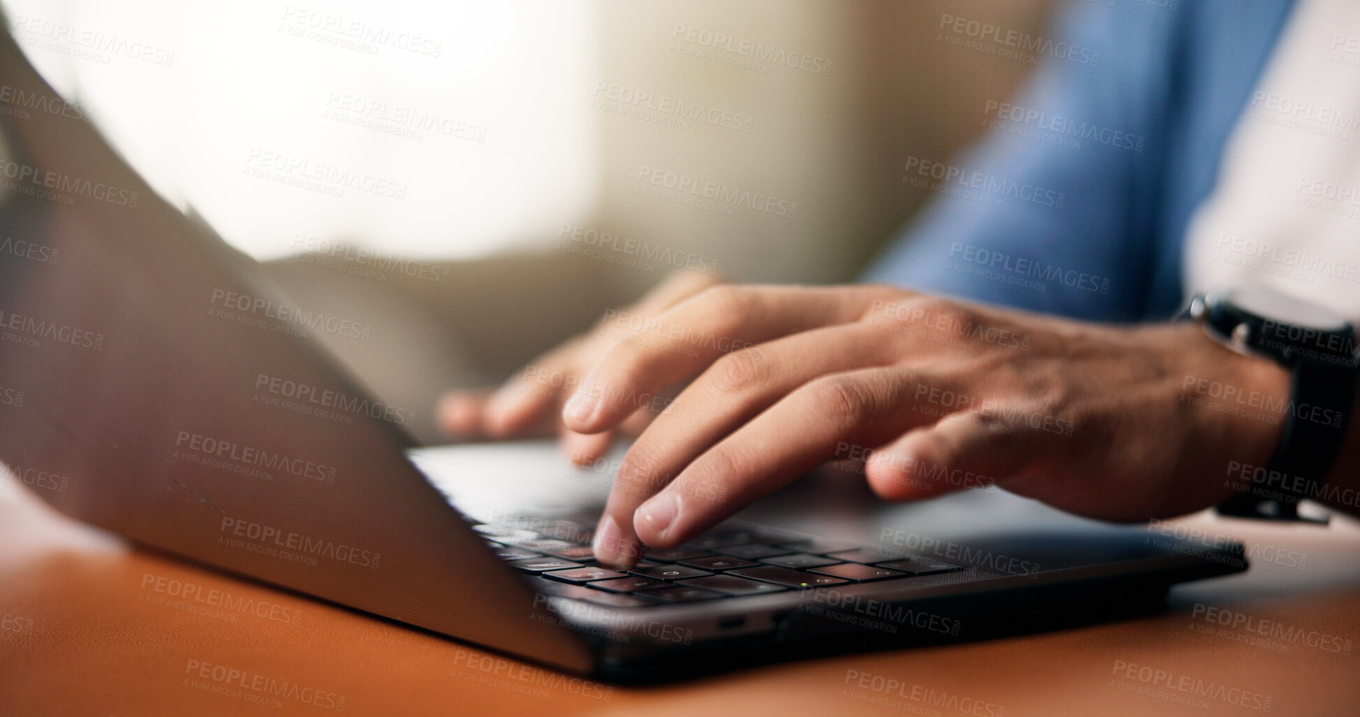 Buy stock photo Laptop, hands and man typing in office for research on creative project with email for feedback. Technology, contact and male magazine editor with computer for online article with publishing.