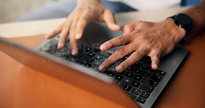 Buy stock photo Computer, hands and man typing in office for research on creative project with email for feedback. Technology, contact and male magazine editor with laptop for online article with publishing.