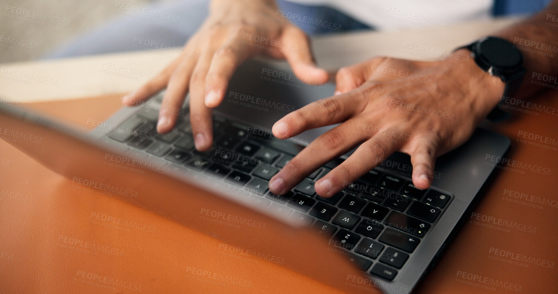 Buy stock photo Computer, hands and man typing in office for research on creative project with email for feedback. Technology, contact and male magazine editor with laptop for online article with publishing.