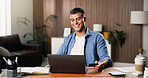 Happy, man and credit card in living room with laptop, payment or utility bills discount for apartment. Person, digital banking or fintech in home with computer, household expense or savings for eft.