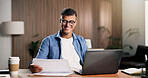Man, smile and document in home with laptop, remote work and proposal for digital marketing campaign. Person, paperwork and computer in house with idea, creativity and plan for freelance advertising.