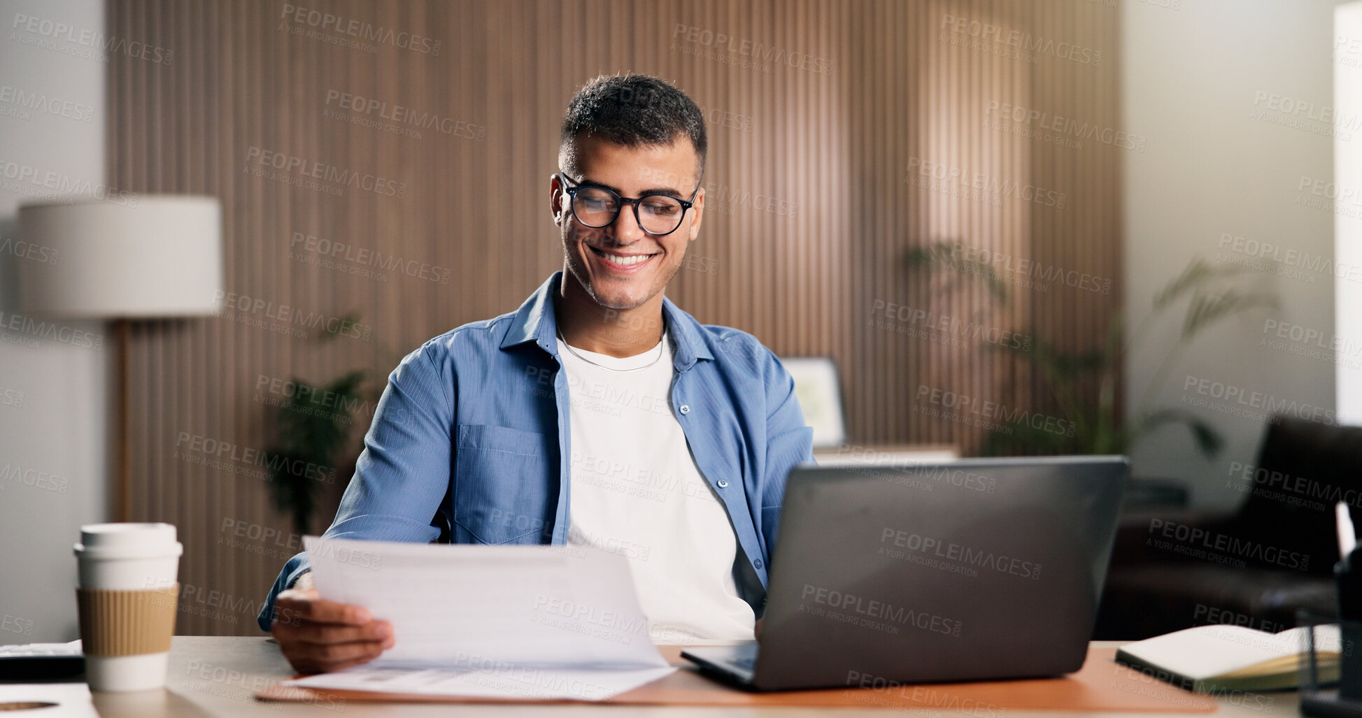 Buy stock photo Man, smile and document in home with laptop, remote work and proposal for digital marketing campaign. Person, paperwork and computer in house with idea, creativity and plan for freelance advertising.