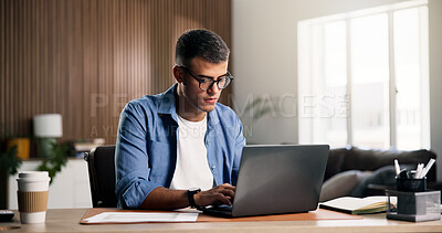Buy stock photo Man, typing and remote work in apartment with laptop, proposal or research for digital marketing idea. Person, computer and browsing in house with email, creativity or plan for freelance advertising.
