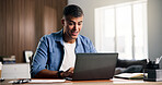 Online, surprise and businessman with laptop in home office, excited or positive feedback for design. Creative, graphic designer and happy person with tech for remote work, notification and good news