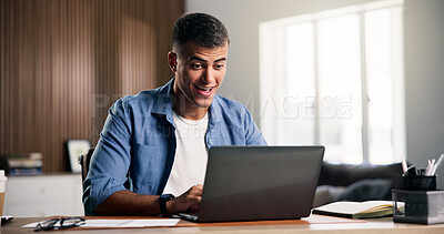 Buy stock photo Online, surprise and businessman with laptop in home office, excited or positive feedback for design. Creative, graphic designer and happy person with tech for remote work, notification and good news