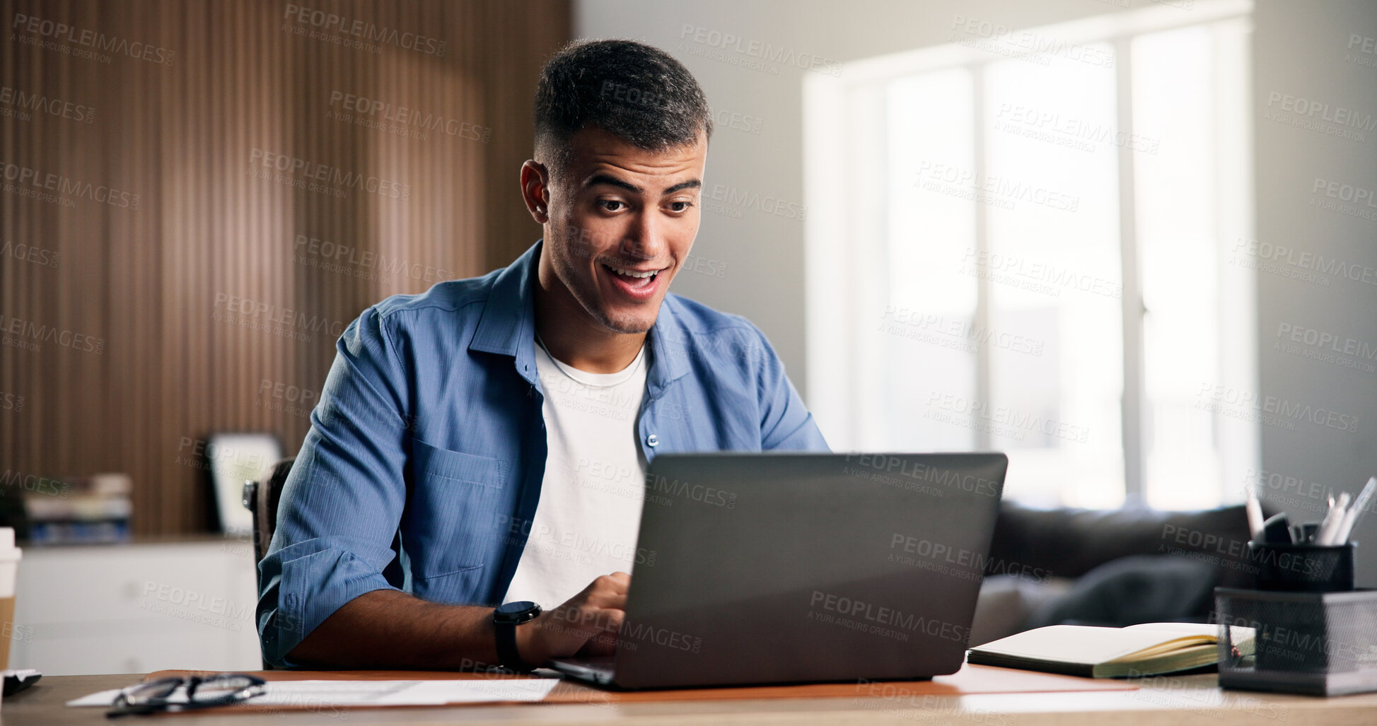 Buy stock photo Online, surprise and businessman with laptop in home office, excited or positive feedback for design. Creative, graphic designer and happy person with tech for remote work, notification and good news
