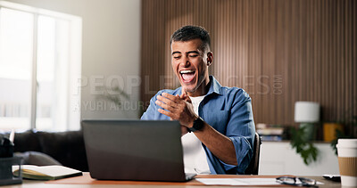 Buy stock photo Excited, applause and businessman with laptop in home office, success or design approval on website. Clapping, graphic designer and happy person with tech for remote work, good news and celebration
