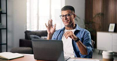 Buy stock photo Education, laptop and video call with student man in home for online class, course or lesson. Computer, remote learning and wave with college or university pupil in apartment for virtual study