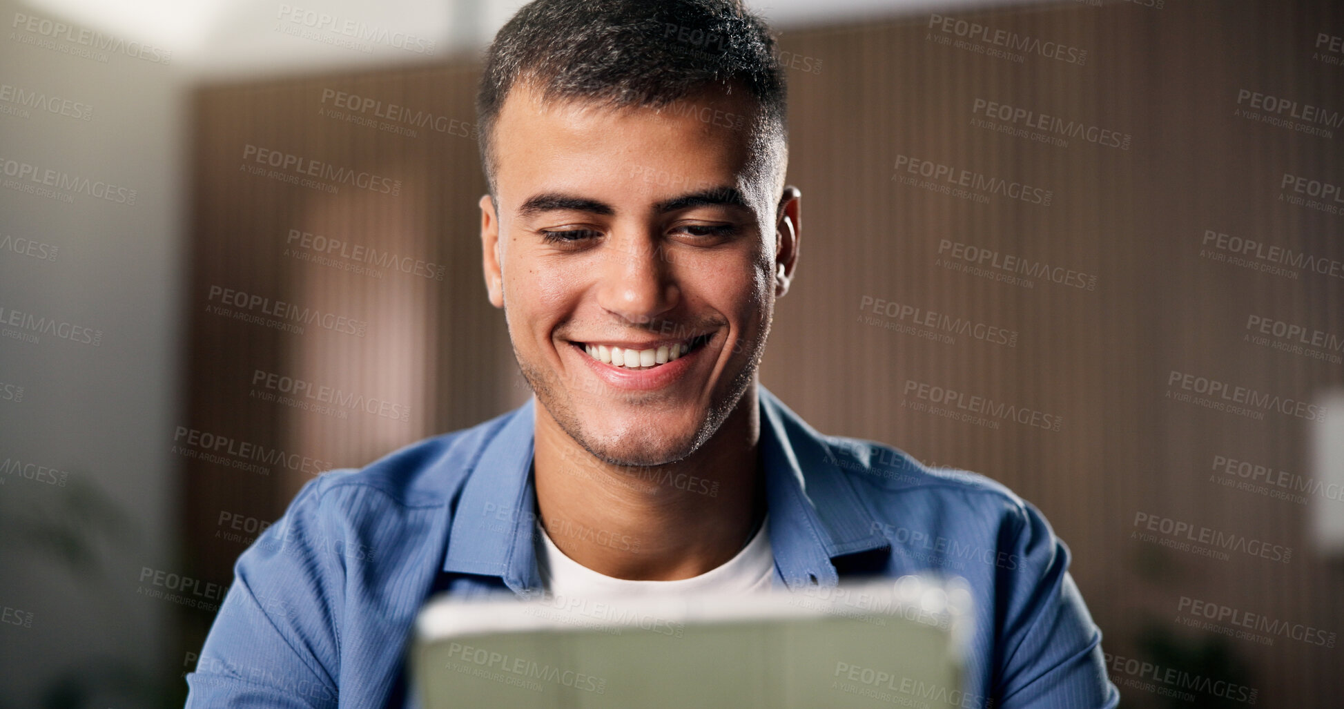 Buy stock photo Remote work, smile or man in house with tablet, source verification or positive feedback on article. WFH, happy or journalist in home with technology, blog approval or good news in director email.