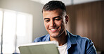 Remote work, smile or person in home with tablet, source verification or positive feedback on article. WFH, man or journalist in home with technology, blog approval or good news in director email.