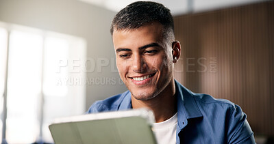 Buy stock photo Remote work, smile or person in home with tablet, source verification or positive feedback on article. WFH, man or journalist in house with technology, blog approval or good news in director email.