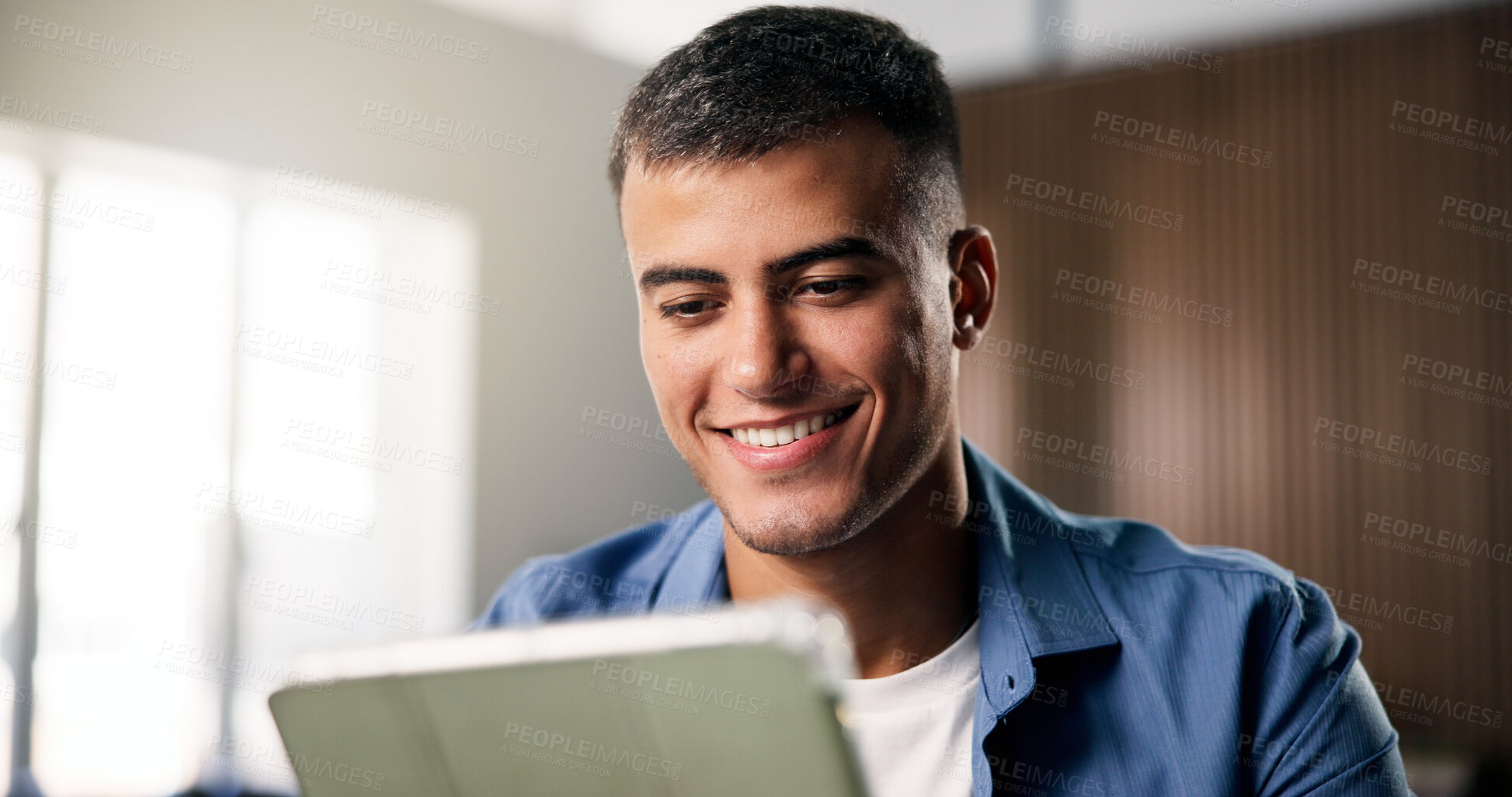 Buy stock photo Remote work, smile or person in home with tablet, source verification or positive feedback on article. WFH, man or journalist in house with technology, blog approval or good news in director email.