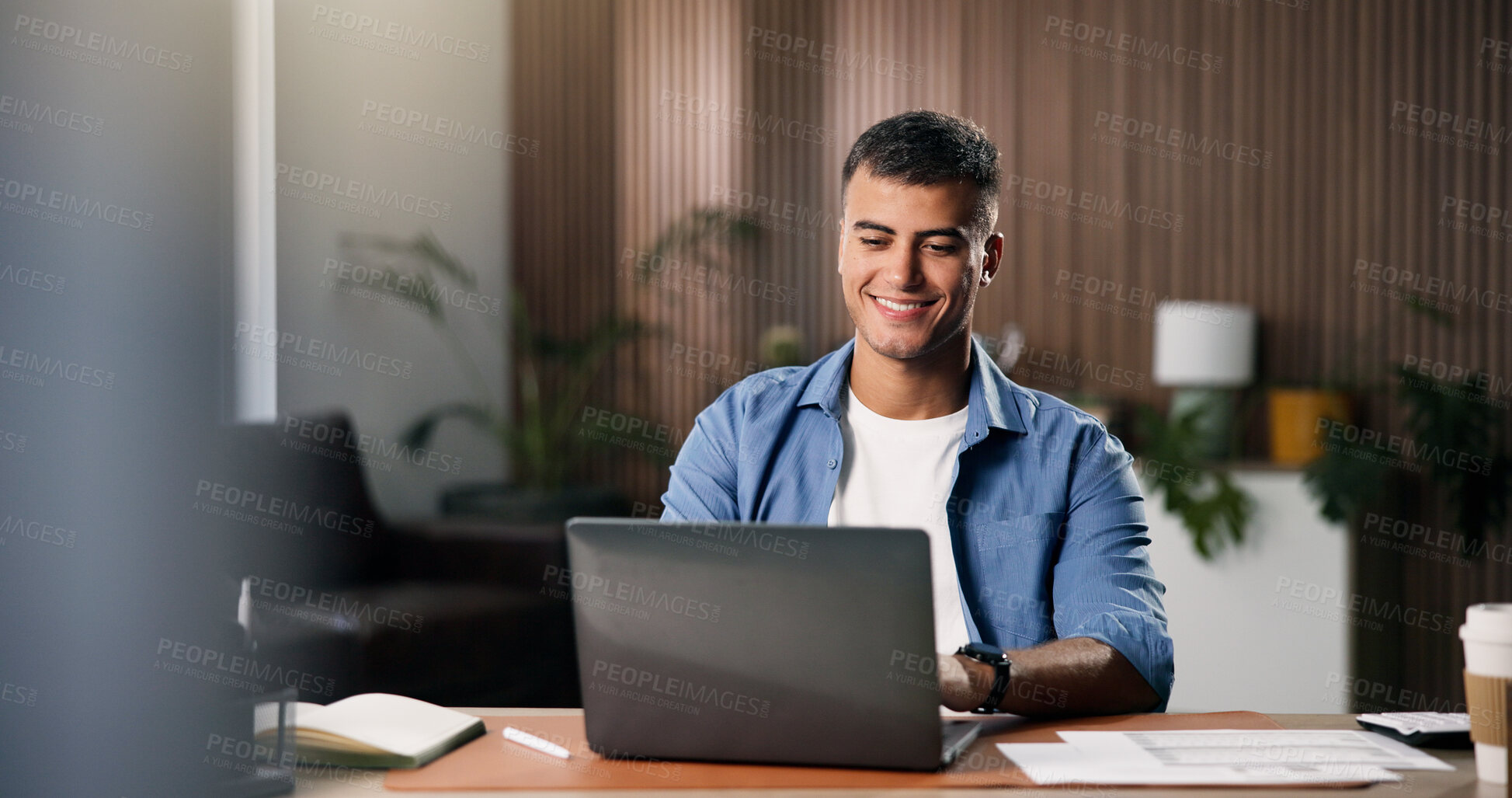 Buy stock photo Remote work, smile or man in home office with laptop, source verification or positive feedback on article. WFH, happy or journalist in house with tech, blog approval or good news in director email.
