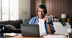 Laptop, remote work or man with headset in house, problem solving or consulting for troubleshooting advice. Tech, talk or virtual assistant with help desk for customer support, freelancer or contact