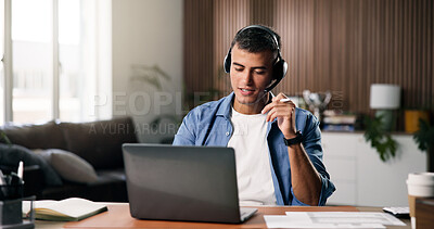 Buy stock photo Laptop, remote work or man with headset in house, problem solving or consulting for troubleshooting advice. Tech, talk or virtual assistant with help desk for customer support, freelancer or contact