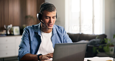 Buy stock photo Laptop, remote work or man with headset in home, problem solving or consulting for troubleshooting advice. Tech, talking or virtual assistant with help desk for customer support, freelance or contact