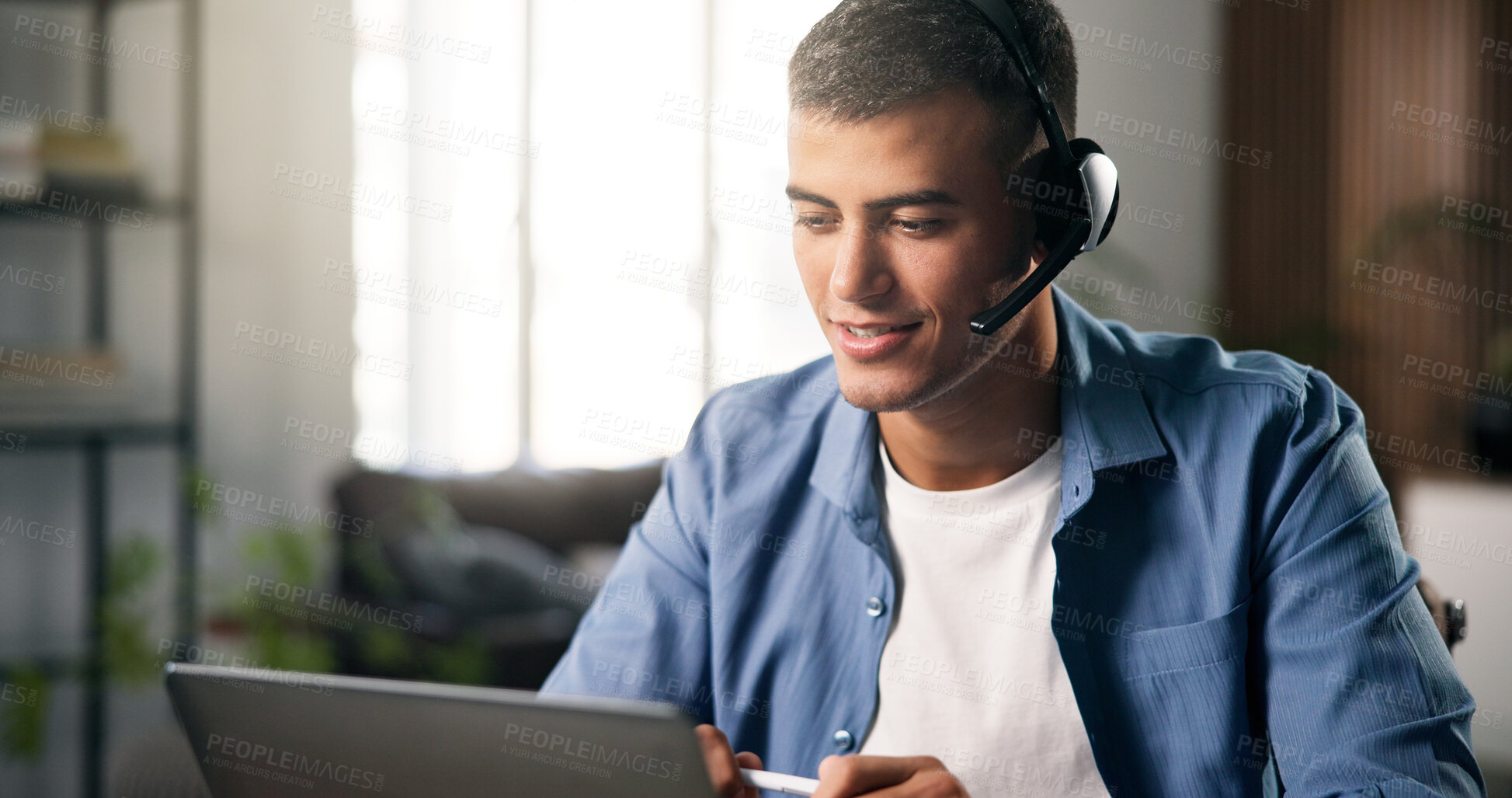 Buy stock photo Laptop, remote work or happy man with headset in home, problem solving or consulting for troubleshooting. Tech, talking or virtual assistant with help desk for customer support, freelancer or advice