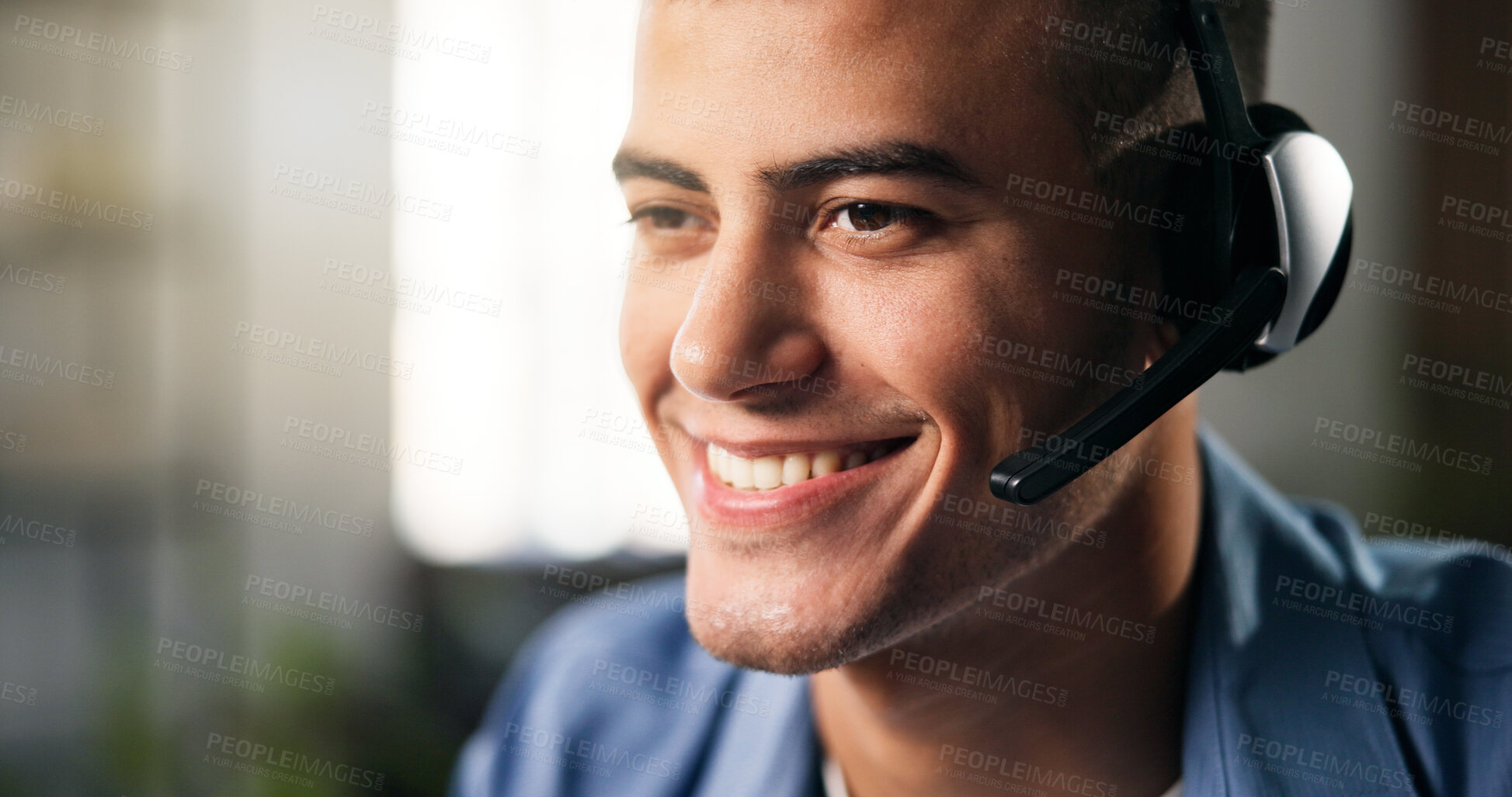 Buy stock photo Smile, remote work or man with headset in home, problem solving or consulting for troubleshooting advice. Tech support, happy or virtual agent with help desk for customer care, freelancer or contact
