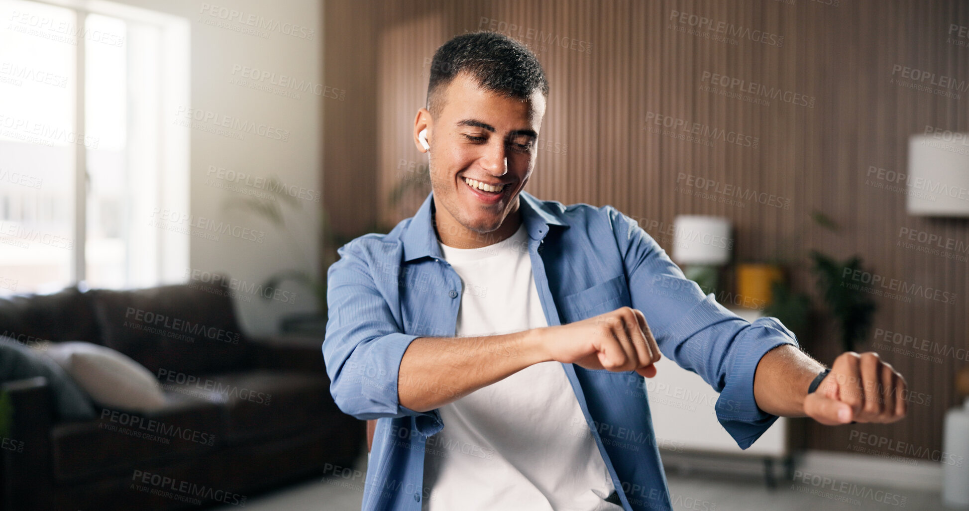 Buy stock photo Smile, man and dancing with earphones in home for music album, feel good playlist or weekend break. Energy, happy person and streaming subscription in apartment for groovy audio, rhythm or enjoy song