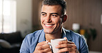 Happy man, thinking and coffee with mug in home for morning beverage, start or beginning. Thoughtful, male person or freelancer with smile, cup or drink for caffeine, energy or daydreaming in house