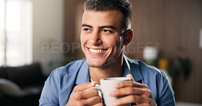 Buy stock photo Happy man, thinking and coffee with mug in home for morning beverage, start or beginning. Thoughtful, male person or freelancer with smile, cup or drink for caffeine, energy or daydreaming in house