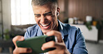 Earphones, laughing or man with phone in home, streaming web series or online comedy show on weekend. Movie subscription, tech or person with smile for funny scene, binge watching or film franchise