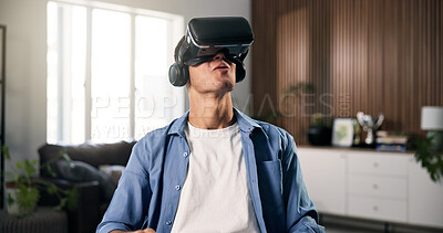 Buy stock photo Virtual reality, smile and man on sofa for online gaming, metaverse or connection in home. Happy, person and living room with VR headset for augmented user experience, simulation or entertainment