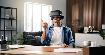 Buy stock photo Remote work, smile and man with virtual reality in home for metaverse, cyberspace and digital project. Freelancer, happy and person with vr headset for user interface, web design and ux research