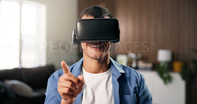 Buy stock photo Augmented reality, smile and man on sofa for online gaming, metaverse or connection in home. Happy, person and living room with VR headset for virtual user experience, simulation or entertainment