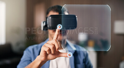 Buy stock photo VR headset, hologram and man on sofa for online gaming, metaverse or connection in home. Touch, person and living room with virtual reality for augmented user experience, simulation or entertainment