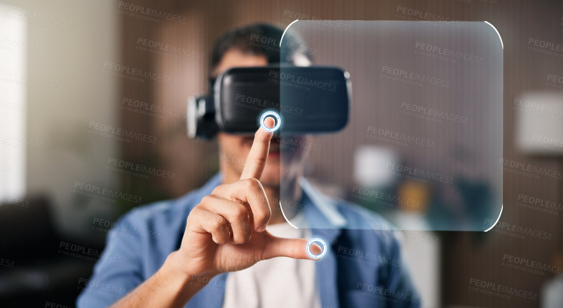 Buy stock photo VR headset, hologram and man on sofa for online gaming, metaverse or connection in home. Touch, person and living room with virtual reality for augmented user experience, simulation or entertainment