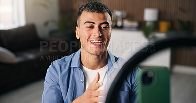 Buy stock photo Happy man, talk and phone with ring light in home for content creation, influencer and recording video. Person, web chat and live streaming with smile, mobile app and social network post at apartment
