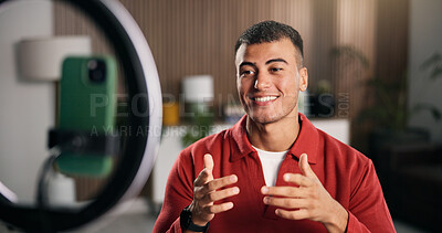 Buy stock photo Happy man, talk and phone with ring light in house for content creation, influencer and recording video. Person, web chat and live streaming with smile, mobile app and social network post at home
