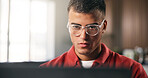 Man, glasses and remote work in apartment with laptop, proposal or research for digital marketing idea. Person, computer and browsing in house with email, creativity or plan for freelance advertising