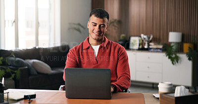 Buy stock photo Remote work, smile or person in home office with laptop, source verification or positive feedback on article. WFH, happy or journalist in house with tech, blog approval or good news in director email