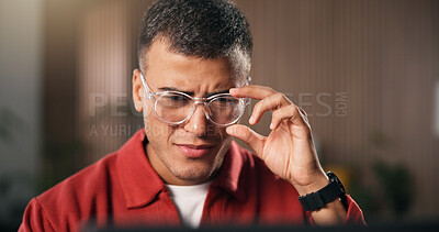 Buy stock photo Confusion, glasses and man in office with laptop, draft edit or source feedback for article. Creative, review or journalist in agency with tech, fact check or research error for online publication