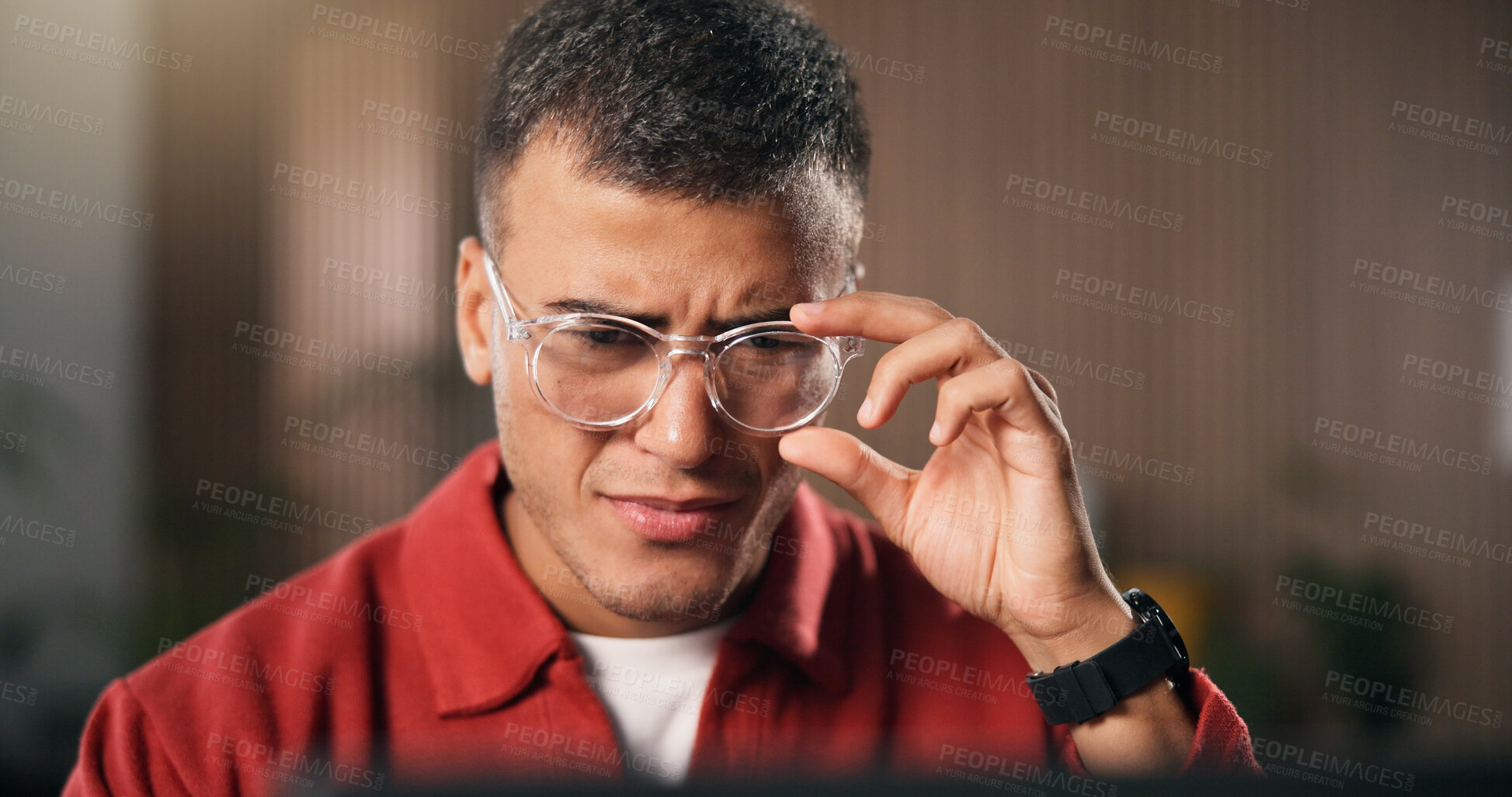Buy stock photo Confusion, glasses and man in office with laptop, draft edit or source feedback for article. Creative, review or journalist in agency with tech, fact check or research error for online publication