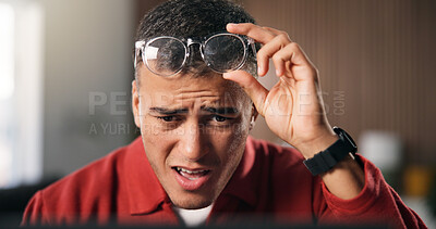 Buy stock photo Shock, glasses and man in office with laptop, draft edit or source feedback for article. Confusion, review or journalist in agency with tech, fact check or research error for online publication