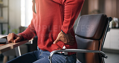 Buy stock photo Back pain, remote work and hands of man in home for posture issue, injury and osteoporosis. Freelancer, fatigue and person at desk with inflammation, pressure and tension in spine for burnout