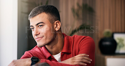 Buy stock photo Man, thinking and relax in lounge in house with arms crossed, reflection and break on couch. Person, smile and perspective with inspiration, daydream or nostalgia on sofa in living room at apartment