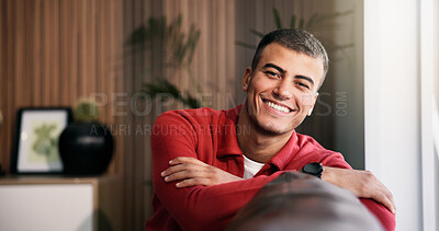 Buy stock photo Wellness, portrait and man on couch with pride, positive attitude or chill on weekend break. Confidence, smile or male person in house with satisfaction, comfortable or good mood in free time.
