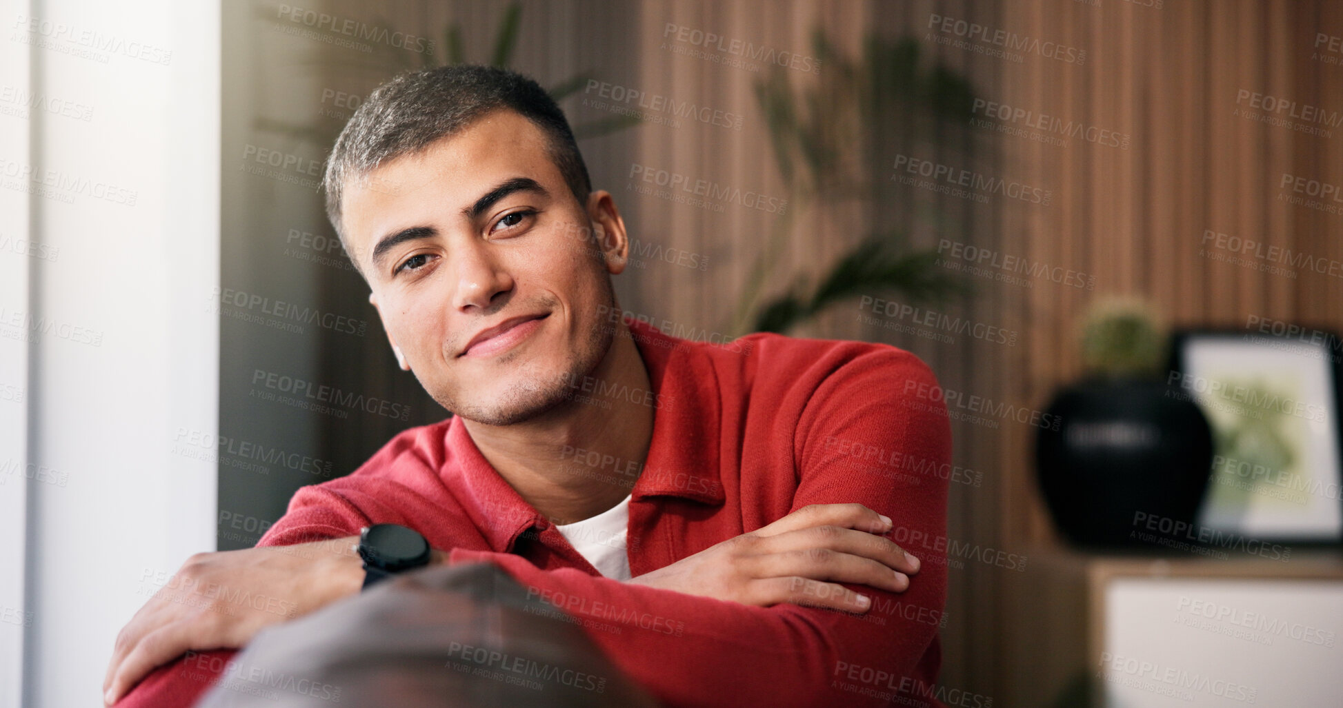 Buy stock photo Wellness, portrait and man on sofa with pride, positive attitude or chill on weekend break. Confidence, smile or male person in house with satisfaction, comfortable or good mood in free time.