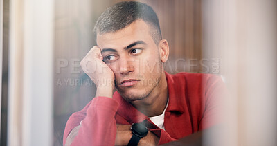 Buy stock photo Window, thinking and man with depression, mental health and remember memory for grief in apartment. Sad, reflection and person with anxiety, contemplation or thoughts for mourning in home on weekend.