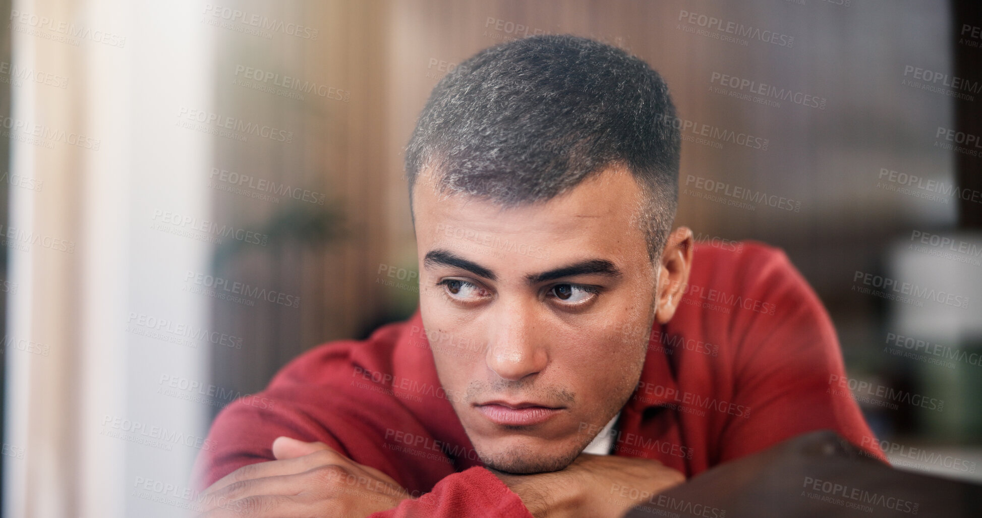 Buy stock photo Sad, upset and man by window in home with ideas, mental health or anxiety on weekend break. Disappointed, loneliness and male person with depression, reflection or thinking in living room at house.